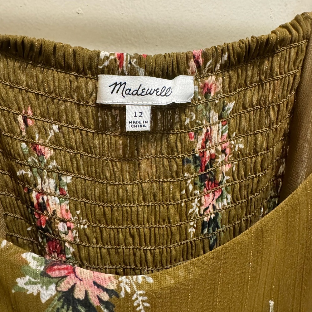 Madewell green floral dress with adjustable spaghetti straps.